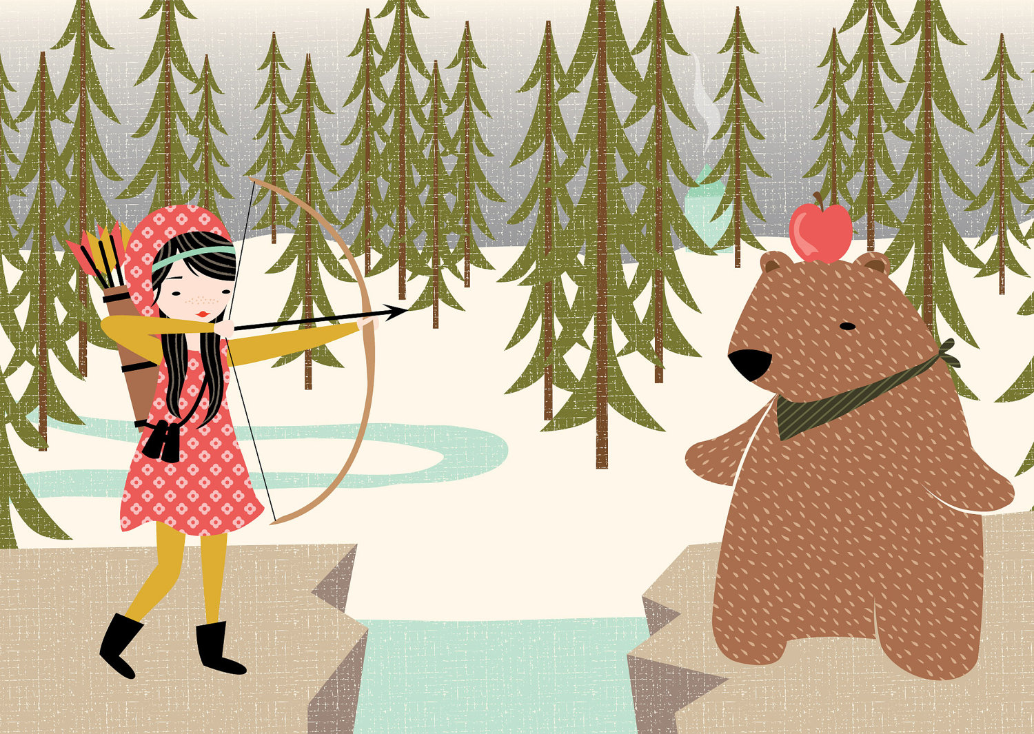 girl-bear-arrow-apple-kids-art-print
