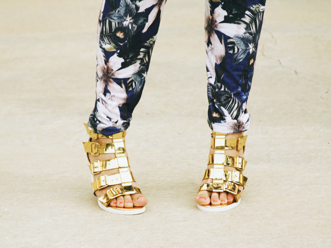 gold-heels-flower-jumpsuit-fashion