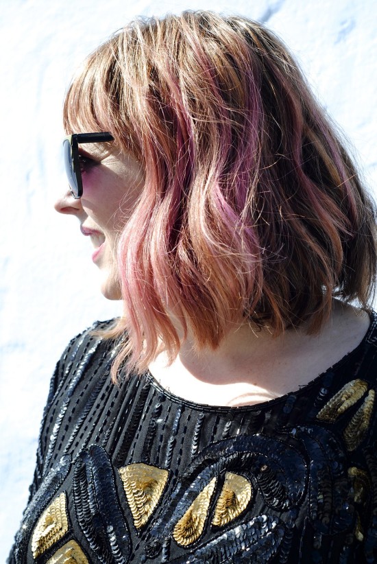 light pink hair with gold and black beaded top