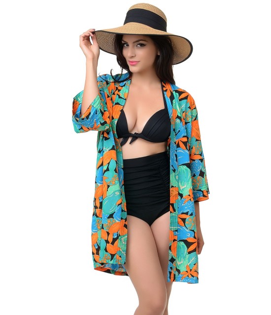 blue and green tropical kimono cover up