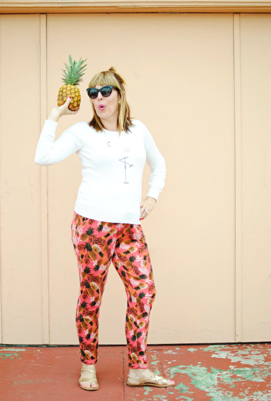 pineapple joggers with flamingo sweater for easy mom style
