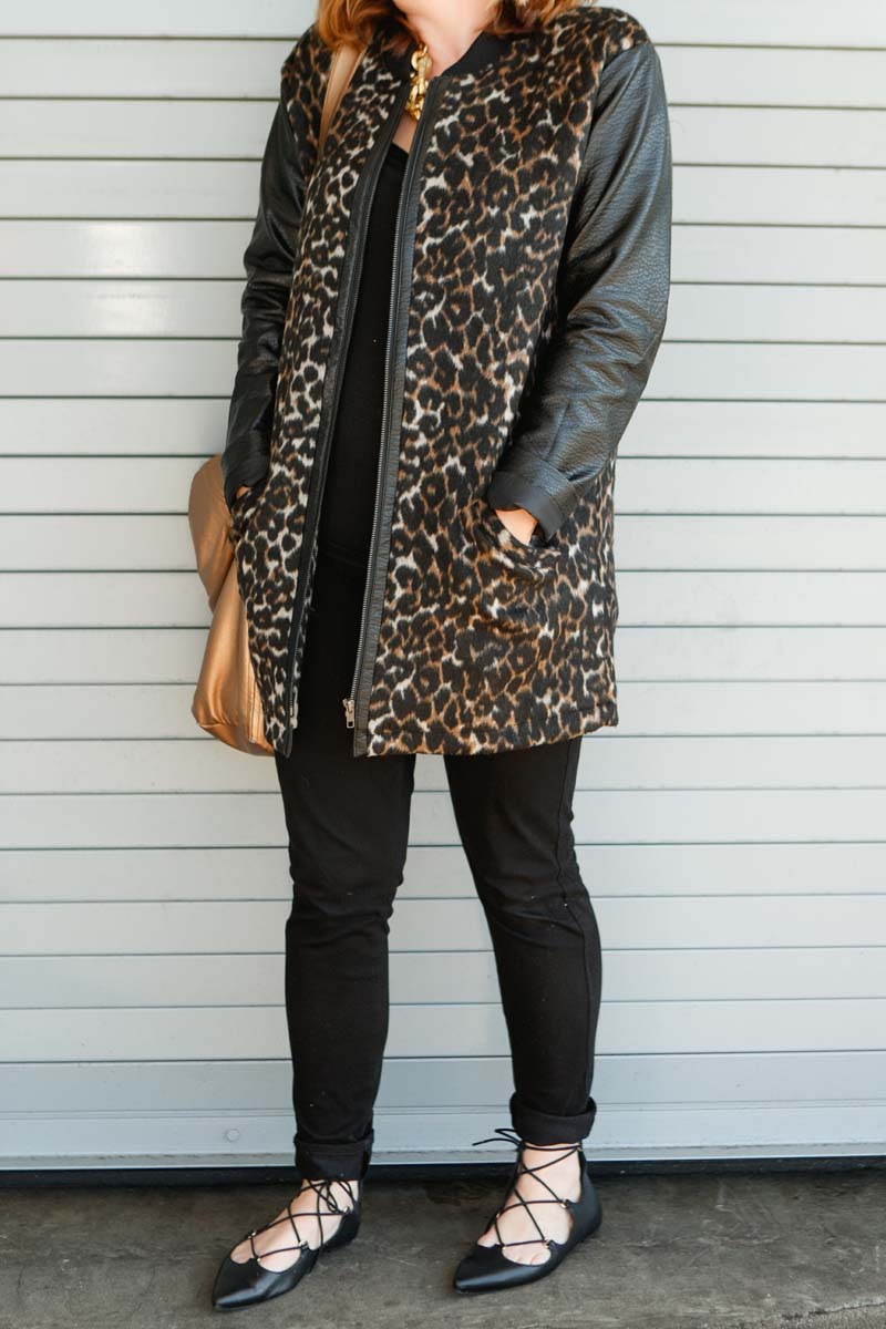 leopard print coat with black pants for moms